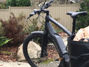 Black electric bike with groceries in back pannier parked in front of house with garden.